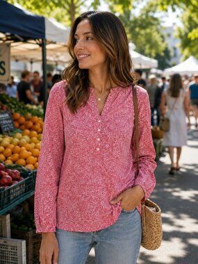 Liberty Art Fabrics Red and White Floral Cotton Popover Blouse - Size M